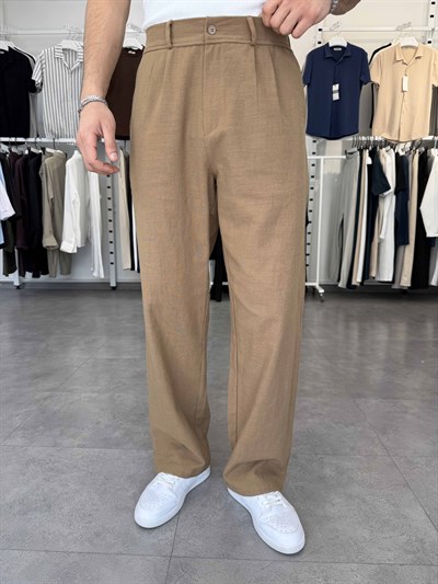 %100 Pamuk Baggy Keten Pantolon (Bel Lastikli) Camel
