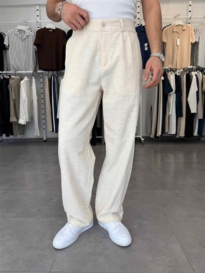 %100 Pamuk Baggy Keten Pantolon (Bel Lastikli) Bej