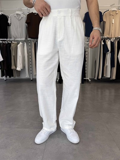 %100 Pamuk Baggy Keten Pantolon (Bel Lastikli) Beyaz