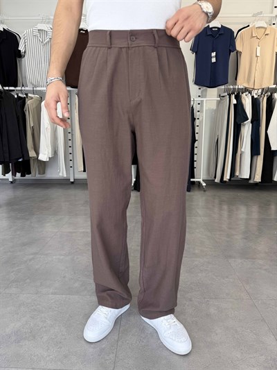 %100 Pamuk Baggy Keten Pantolon (Bel Lastikli) Acı Kahve