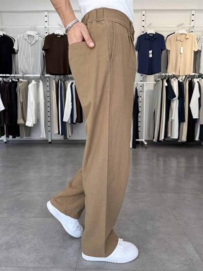 %100 Pamuk Baggy Keten Pantolon (Bel Lastikli) Camel