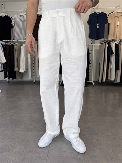 %100 Pamuk Baggy Keten Pantolon (Bel Lastikli) Beyaz