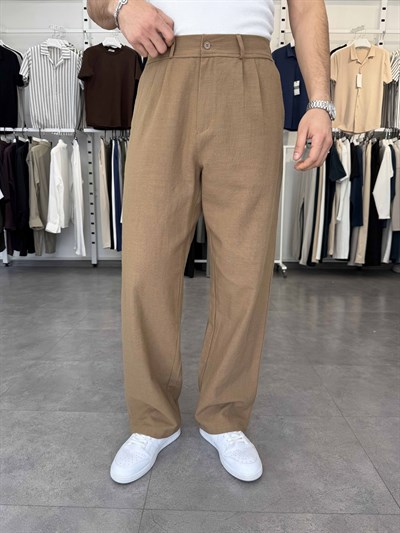 %100 Pamuk Baggy Keten Pantolon (Bel Lastikli) Camel