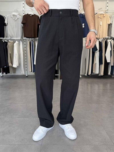 %100 Pamuk Baggy Keten Pantolon (Bel Lastikli) Siyah