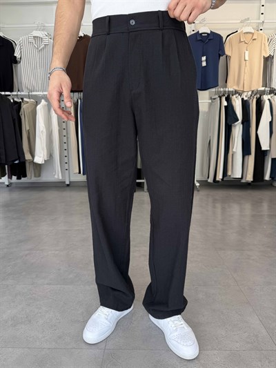 %100 Pamuk Baggy Keten Pantolon (Bel Lastikli) Siyah