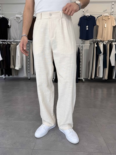 %100 Pamuk Baggy Keten Pantolon (Bel Lastikli) Bej