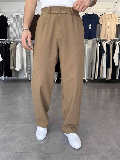 %100 Pamuk Baggy Keten Pantolon (Bel Lastikli) Camel