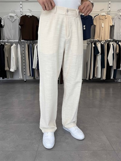%100 Pamuk Baggy Keten Pantolon (Bel Lastikli) Bej