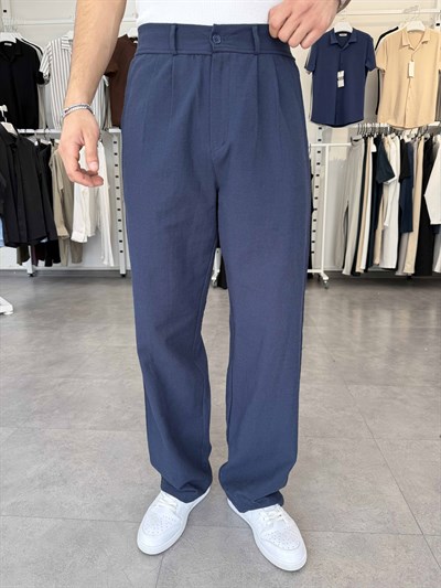 %100 Pamuk Baggy Keten Pantolon (Bel Lastikli) Lacivert
