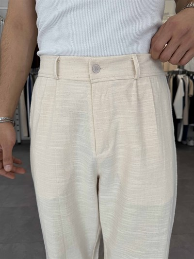 %100 Pamuk Baggy Keten Pantolon (Bel Lastikli) Bej