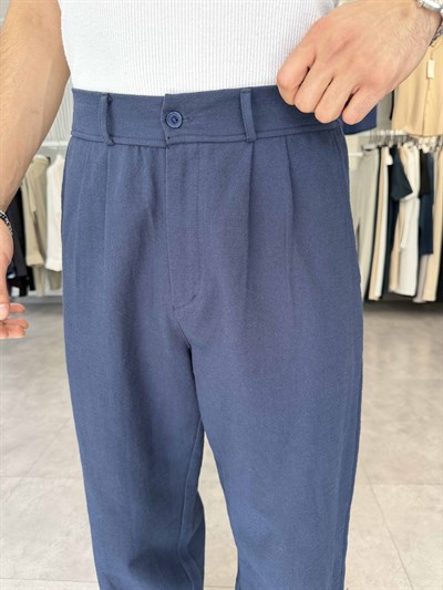 %100 Pamuk Baggy Keten Pantolon (Bel Lastikli) Lacivert