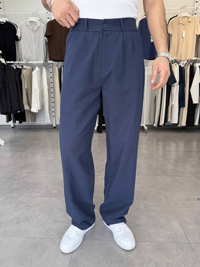 %100 Pamuk Baggy Keten Pantolon (Bel Lastikli) Lacivert