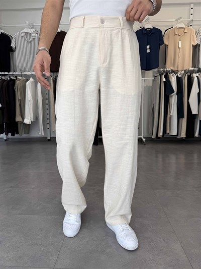 %100 Pamuk Baggy Keten Pantolon (Bel Lastikli) Bej