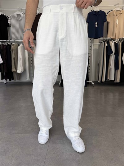 %100 Pamuk Baggy Keten Pantolon (Bel Lastikli) Beyaz