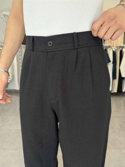 %100 Pamuk Baggy Keten Pantolon (Bel Lastikli) Siyah