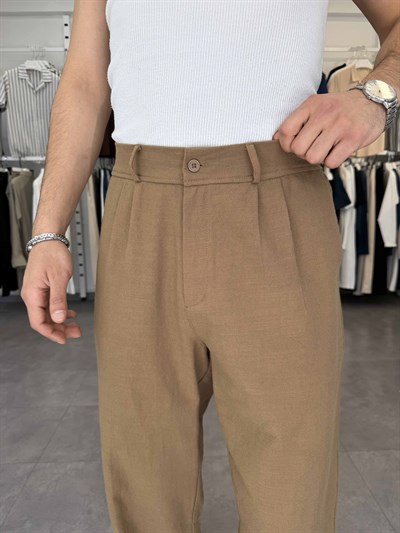 %100 Pamuk Baggy Keten Pantolon (Bel Lastikli) Camel