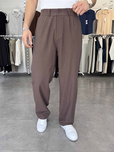 %100 Pamuk Baggy Keten Pantolon (Bel Lastikli) Acı Kahve
