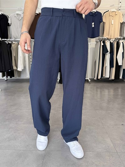 %100 Pamuk Baggy Keten Pantolon (Bel Lastikli) Lacivert