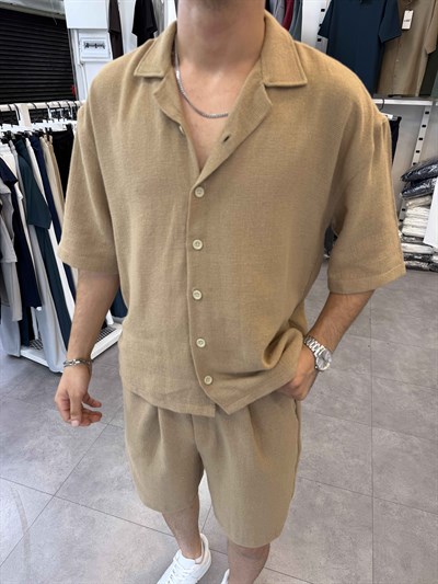 %100 Pamuk Keten Oversize Gömlek Camel