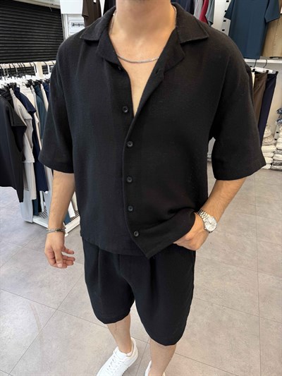 %100 Pamuk Keten Oversize Gömlek Siyah