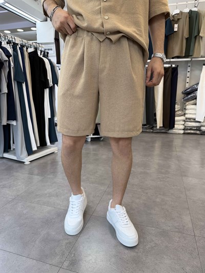 %100 Pamuk Keten Şort Camel