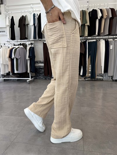 %100 Pamuk Müslin Baggy Pantolon Bej