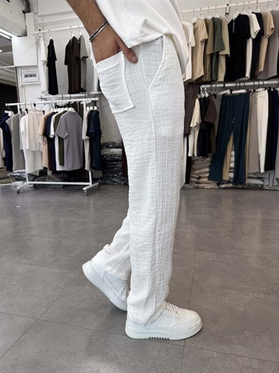 %100 Pamuk Müslin Baggy Pantolon Beyaz