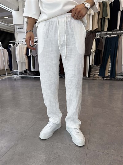 %100 Pamuk Müslin Baggy Pantolon Beyaz