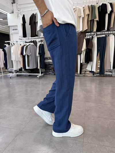 %100 Pamuk Müslin Baggy Pantolon İndigo