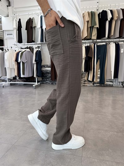 %100 Pamuk Müslin Baggy Pantolon Kahve