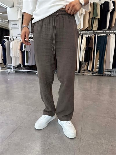%100 Pamuk Müslin Baggy Pantolon Kahve