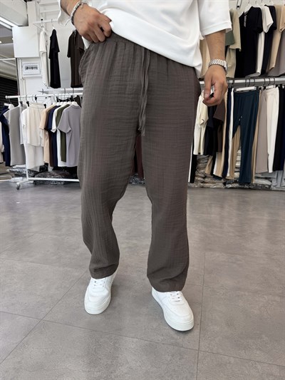 %100 Pamuk Müslin Baggy Pantolon Kahve