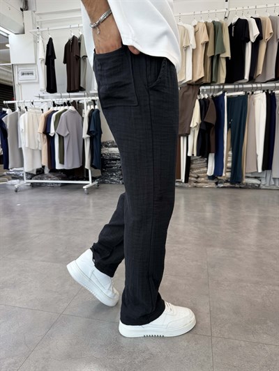 %100 Pamuk Müslin Baggy Pantolon Siyah
