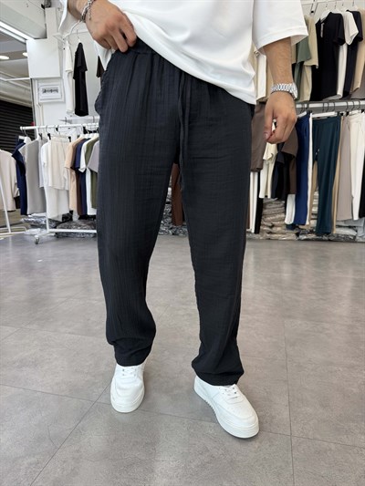 %100 Pamuk Müslin Baggy Pantolon Siyah