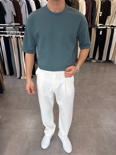 %100 Pamuk Oversize Waffle Basic Tişört Petrol Yeşili