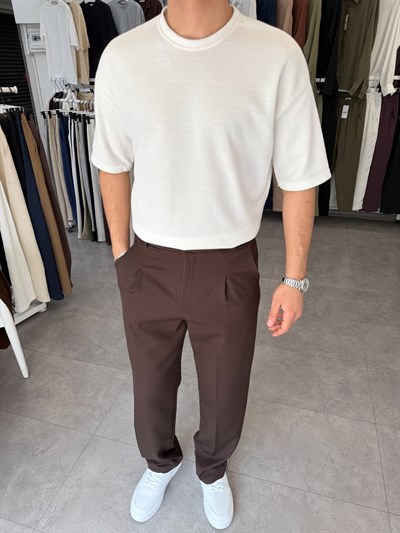 %100 Pamuk Oversize Waffle Basic Tişört Ekru