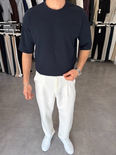 %100 Pamuk Oversize Waffle Basic Tişört Lacivert