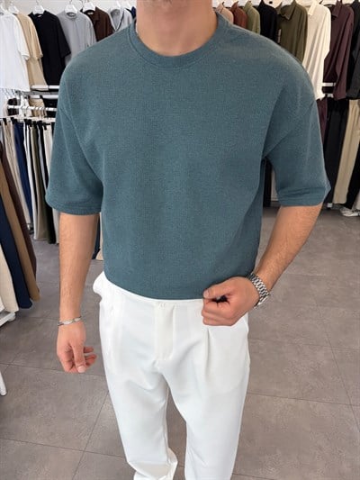 %100 Pamuk Oversize Waffle Basic Tişört Petrol Yeşili