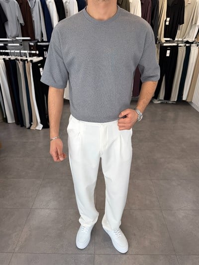 %100 Pamuk Oversize Waffle Basic Tişört Gri