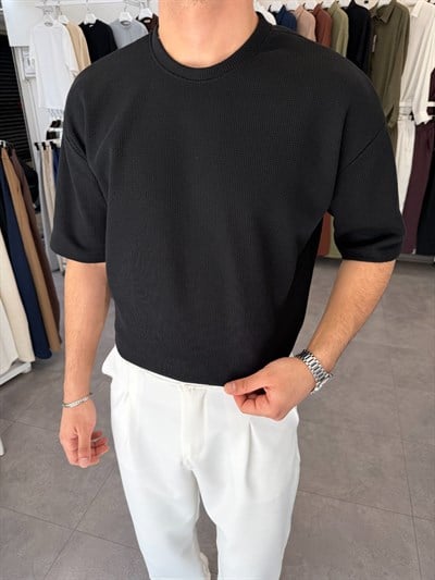 %100 Pamuk Oversize Waffle Basic Tişört Siyah