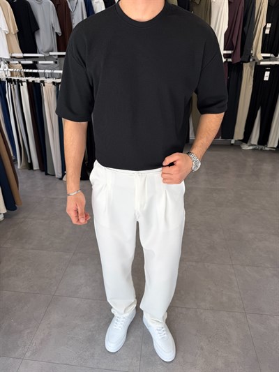 %100 Pamuk Oversize Waffle Basic Tişört Siyah