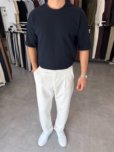 %100 Pamuk Oversize Waffle Basic Tişört Lacivert