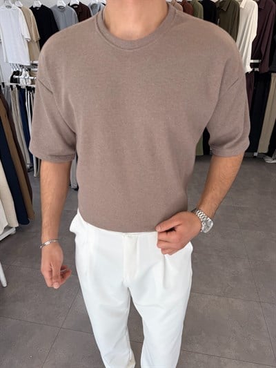 %100 Pamuk Oversize Waffle Basic Tişört Bej