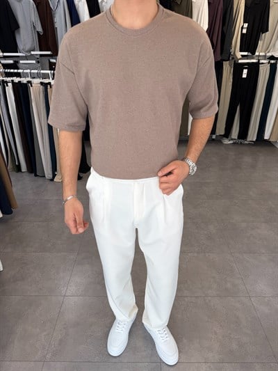 %100 Pamuk Oversize Waffle Basic Tişört Bej