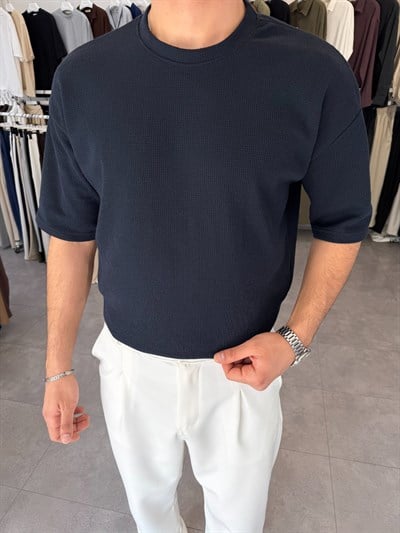 %100 Pamuk Oversize Waffle Basic Tişört Lacivert