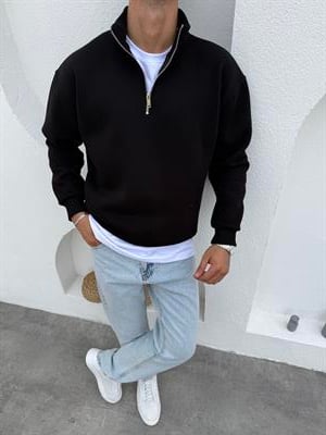3 İplik Şardonlu Yarım Fermuar Sweatshirt Siyah