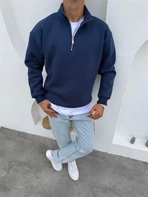 3 İplik Şardonlu Yarım Fermuar Sweatshirt Lacivert