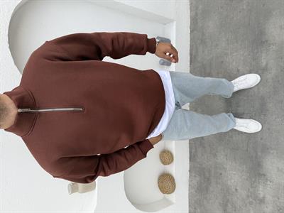 3 İplik Şardonlu Yarım Fermuar Sweatshirt Kahve