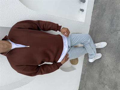 3 İplik Şardonlu Yarım Fermuar Sweatshirt Kahve