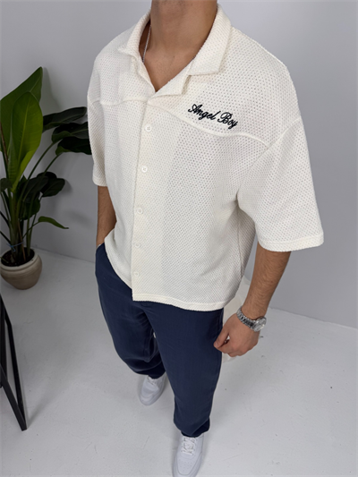 Apaş Yaka Angel Boy Kısa Kol Gömlek Ekru